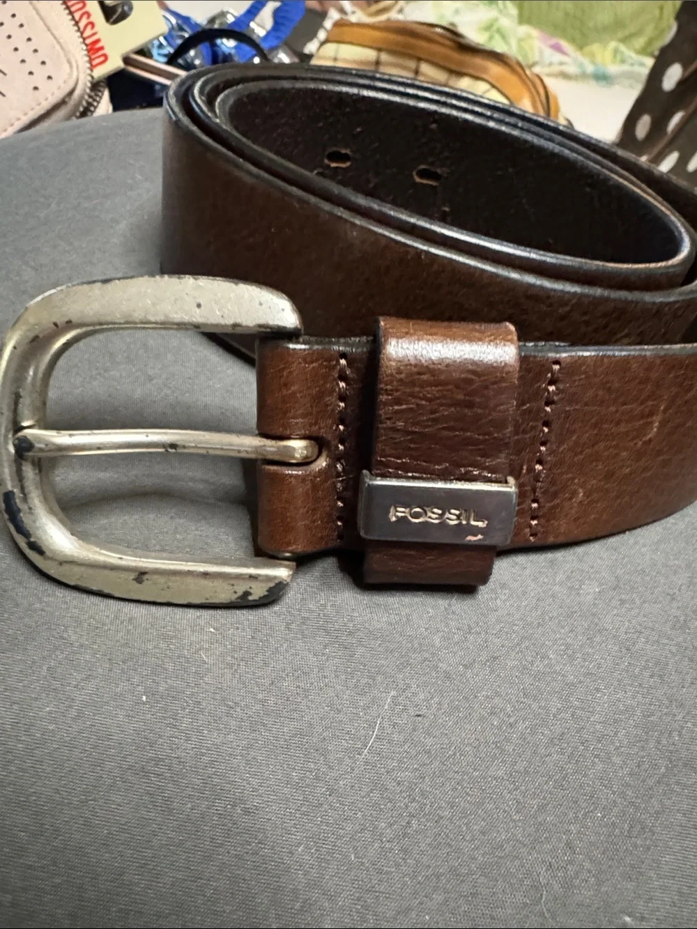 Fossil Men's Brown Leather Belt with Brushed Silver Buckle